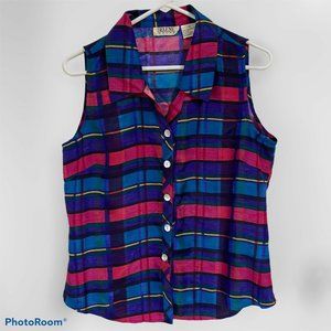 1980s Vintage Selene Sport Women's Top Blouse Sz M Plaid Colorful Button Up